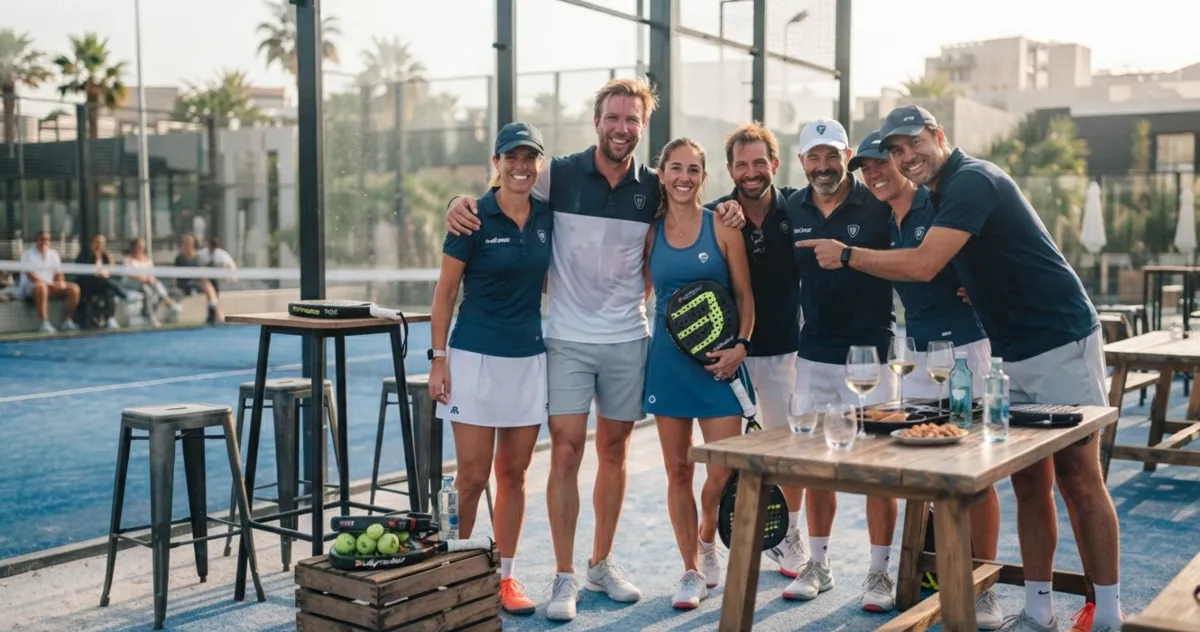Padel players together beside a court after a game
